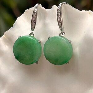 Spring Green Burmese Jadeite Disc Earrings with 925 Silver – Classic Dangle Earr